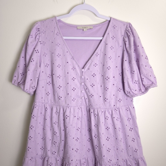 LOFT Eyelet Embroidered Puff Sleeve Button Tiered Purple Swing Dress M - Picture 3 of 10